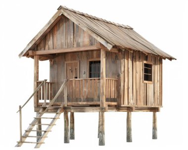 A rustic wooden house elevated on stilts, showcasing natural textures and a charming design. clipart