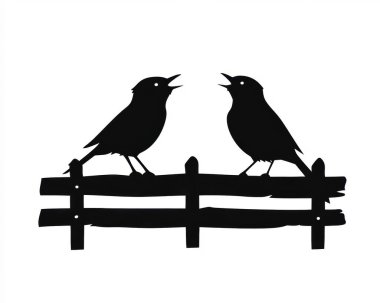 Two silhouetted birds perched on a wooden fence, singing harmoniously against a white background. clipart