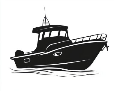 Stylized black silhouette of a tugboat navigating calm waters, evoking a sense of maritime adventure. clipart