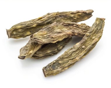 Dried, elongated green pods arranged on a white background, depicting a unique culinary ingredient. clipart