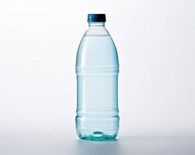 A clear plastic bottle of water with a blue cap, isolated against a soft white background. clipart