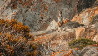 A beautiful kangaroo stands gracefully on rocky terrain, surrounded by lush vegetation and vibrant lichen. clipart