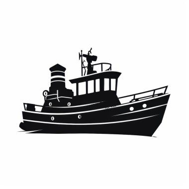 A silhouette of a classic tugboat with a crew member on deck in a striking black and white design. clipart