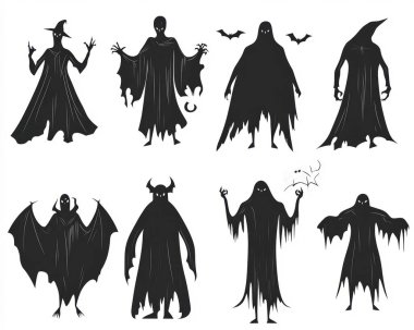 A collection of spooky, black silhouette figures representing various Halloween-themed characters. clipart