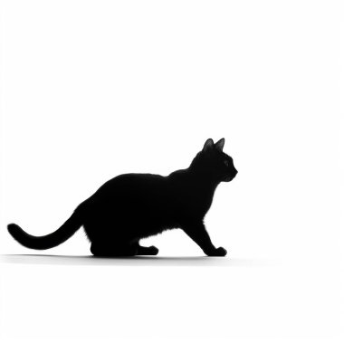 Silhouette of a sleek black cat gracefully moving against a bright white background. clipart