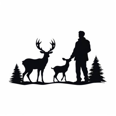 A silhouette of a man interacting with a deer and a fawn surrounded by pine trees. clipart