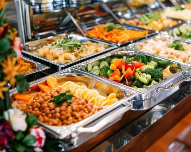 A vibrant buffet display featuring a variety of colorful dishes, including vegetables, fruits, and proteins, perfect for any event. clipart