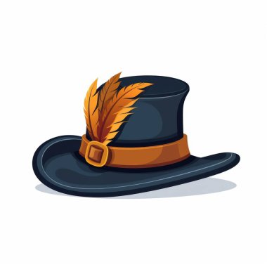 Stylish black hat adorned with vibrant orange feathers and a brown belt, set against a clean white background. clipart