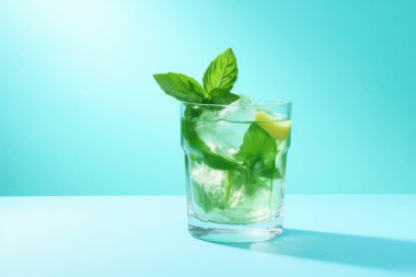 A refreshing mint cocktail in a clear glass with fresh basil leaves and ice, set against a bright turquoise backdrop. clipart