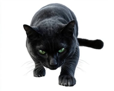 A sleek black cat with striking green eyes sneaks forward, showcasing its graceful movements and sharp claws. clipart