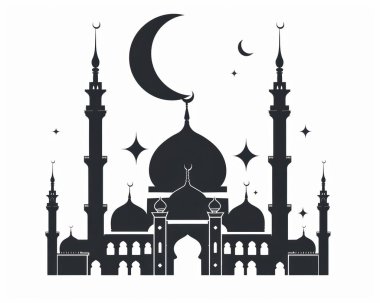 Silhouette of a majestic mosque under a crescent moon at night. clipart