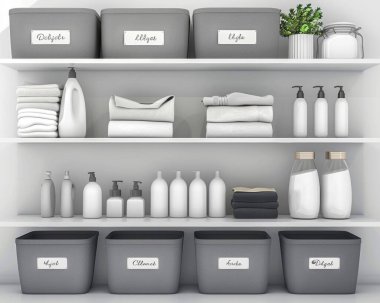 Organized storage shelves filled with neatly arranged containers and toiletries. clipart