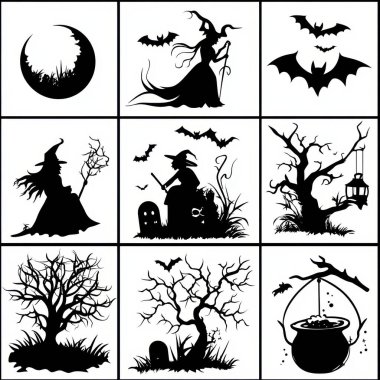 A collection of spooky Halloween-themed silhouettes featuring witches, bats, and eerie landscapes. clipart