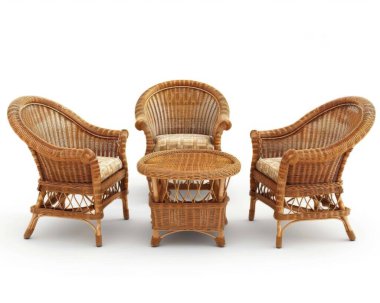 Cozy wicker seating arrangement featuring two chairs and a round table. clipart