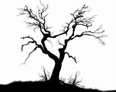 A gnarled, silhouetted tree with twisted branches against a stark white background. clipart