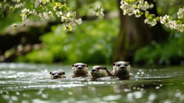 A playful group of four otters swims together in a tranquil stream, surrounded by lush greenery and blooming flowers. clipart