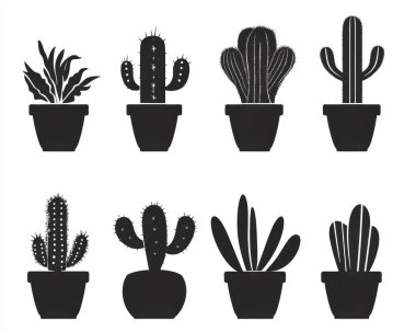 A collection of stylish silhouette cactus and succulent plants in pots, perfect for modern decor. clipart