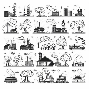 A varied collection of industrial icons depicting factories, power plants, and vehicles, highlighting energy and production themes. clipart