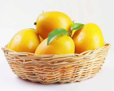 A vibrant basket of ripe yellow mangoes, showcasing their juicy texture and fresh green leaves. clipart