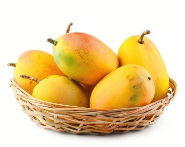 A vibrant assortment of ripe, juicy mangoes in a woven basket, showcasing their bright yellow and orange hues. clipart