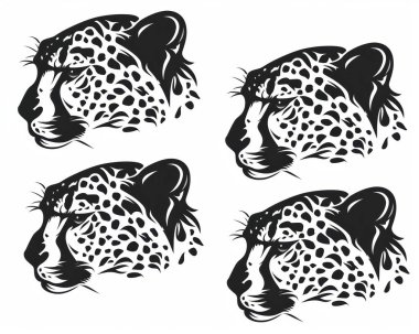 Stylized black and white illustrations of cheetah heads showcasing different angles and expressions. clipart