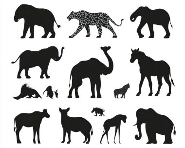 Silhouette collection of various animals including elephants, leopards, zebras, and more in dynamic poses. clipart