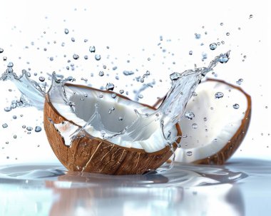 A fresh coconut split in half, with water splashing dramatically around it, showcasing its white, creamy interior. clipart