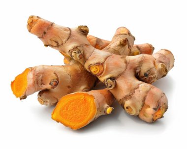 Fresh turmeric roots showcasing vibrant orange flesh, perfect for culinary uses and health benefits. clipart