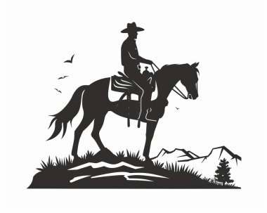 Silhouette of a cowboy riding a horse, set against a mountainous landscape with birds in flight. clipart