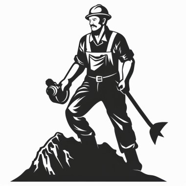 A determined male miner stands confidently on a mound of earth, holding a pickaxe and a hose, embodying strength and resilience. clipart