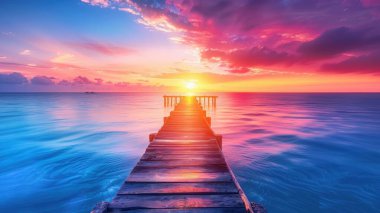 A stunning sunset view from a wooden pier over calm waters, with vibrant colors painting the sky. clipart