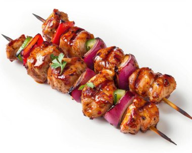 Grilled chicken skewers with vibrant vegetables, showcasing a savory glaze and appetizing presentation. clipart