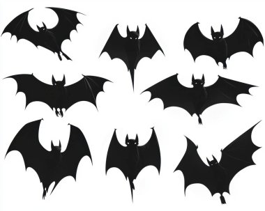 A collection of stylized bats in various flying poses, showcasing their elegant wings and sharp silhouettes against a white background. clipart