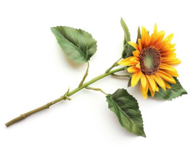 A vibrant artificial sunflower with green leaves on a white background. clipart