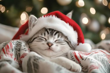 Küçük şirin kedi Noel şapkası üzerinde uyuyor.