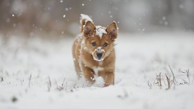 Kışın karda oynayan köpek