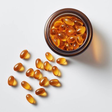 Beyaz zemin üzerinde balık yağı kapsülleri ve omega 3 izole edilmiş.