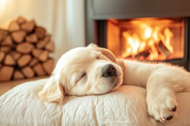 Labrador köpeği şöminenin yanında sıcak örülmüş giysiler içinde..