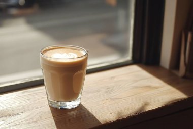 Ahşap masada bir bardak latte.