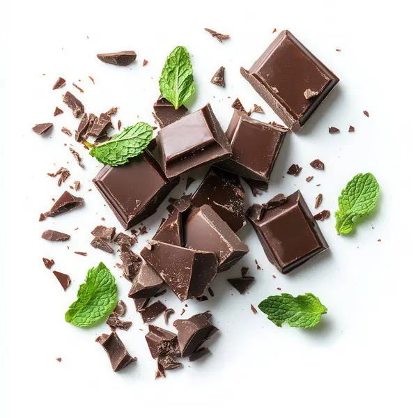 dark chocolate with mint and pieces on a white background, top view, flat lay