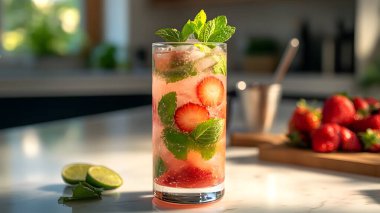 Mutfaktaki masada nane yaprakları ve buz küpleriyle taze çilekli mojito.