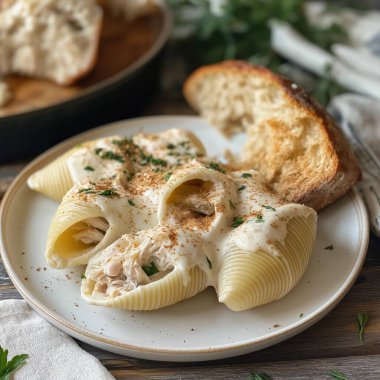 Sarımsak soslu makarna ve peynir ve maydanoz. Geleneksel Amerikan mutfağı