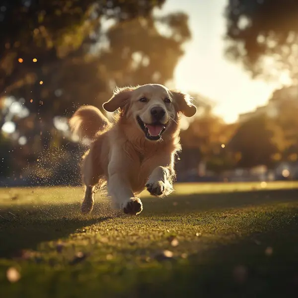 Parkta koşan mutlu Labrador Retriever köpeği. evcil hayvan ve doğa konsepti.