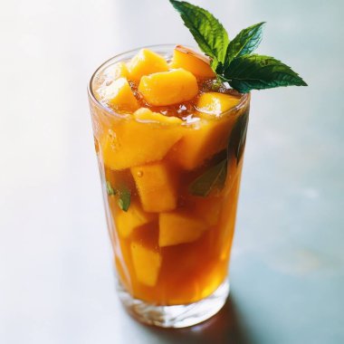 Tahta bir masada mango ve nane yapraklı taze mango..