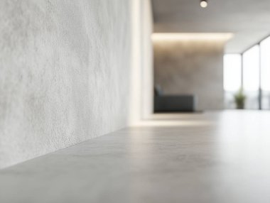 Beton duvar ve modern mobilyalarla dolu boş beton bir iç mekan. 3d oluşturma