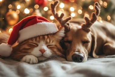 cute dog with cat lying on sofa in christmas decorations