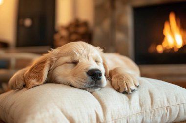 Evdeki şöminenin yanındaki kanepede dinlenen sevimli Labrador Retriever köpeği.