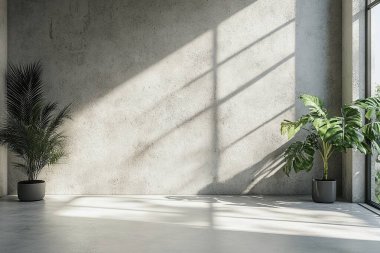 empty room interior design with concrete walls, plants, wooden floor and decorative plant. 3 d rendering