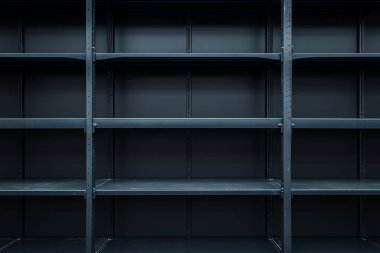 3 d rendering of an empty shelf on a black background, concept of industrial warehouse.