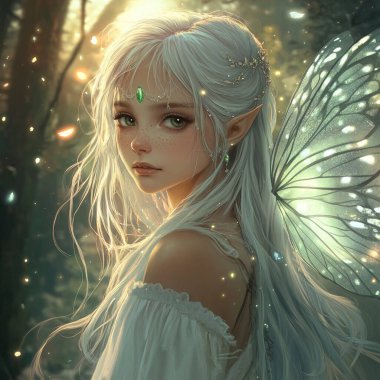 beautiful girl in white dress with a fairy wings clipart